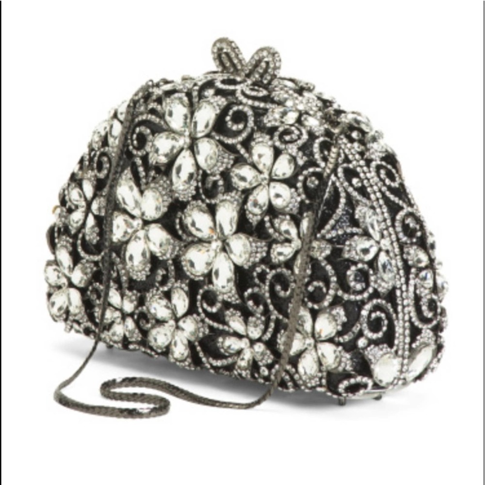 Natasha Couture Black and Silver Jeweled Floral Evening Clutch